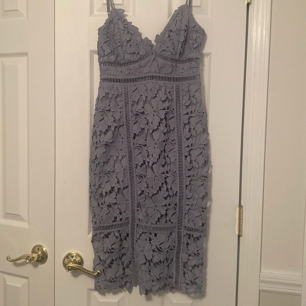 Bardot blue lace mini dress with spaghetti straps